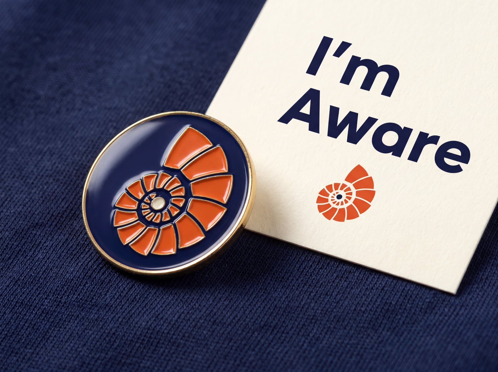 An I’m Aware enamel pin and card on navy fabric.