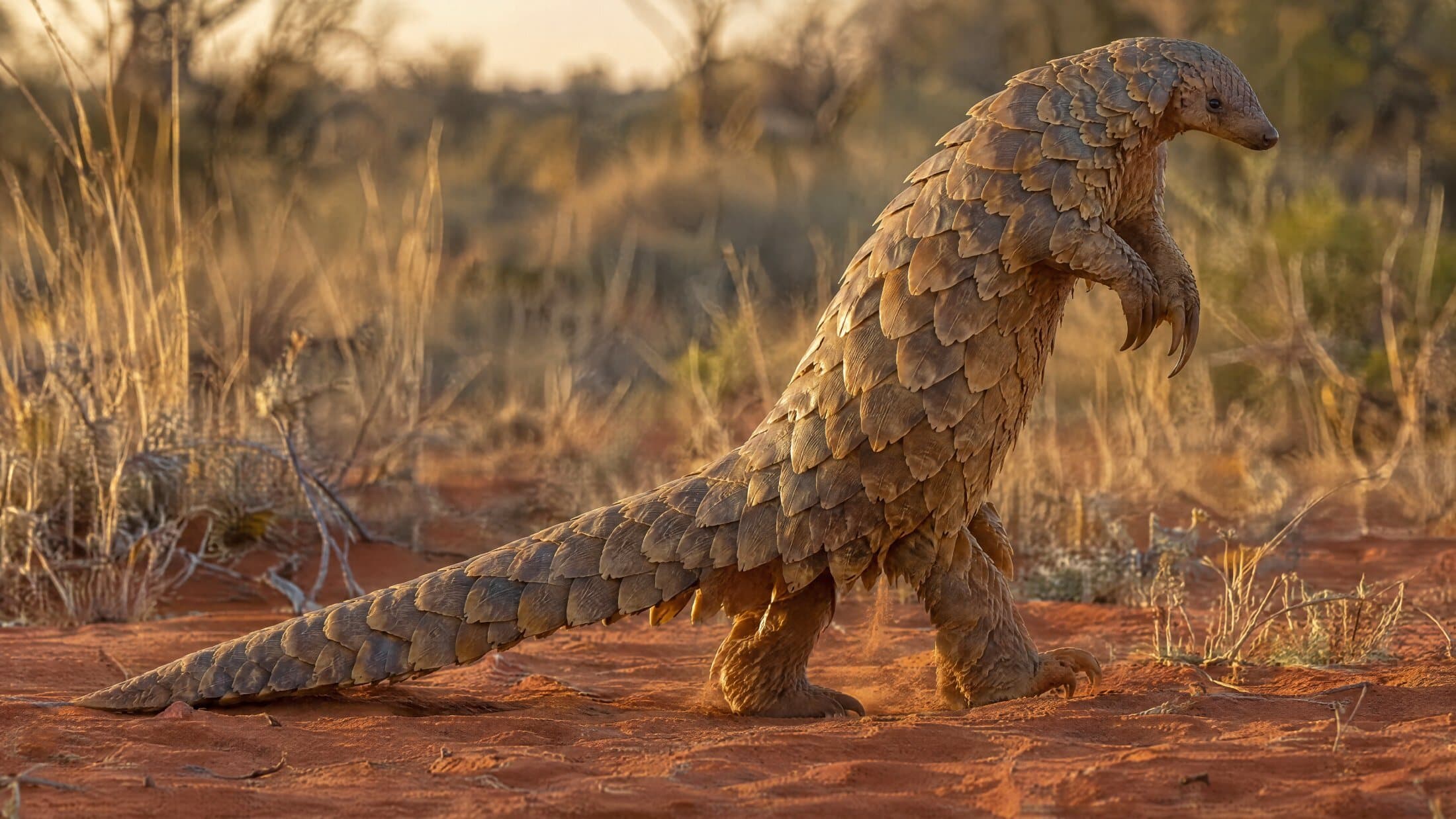 A Temminck’s ground pangolin walking upright across the Kalahari at dusk.
