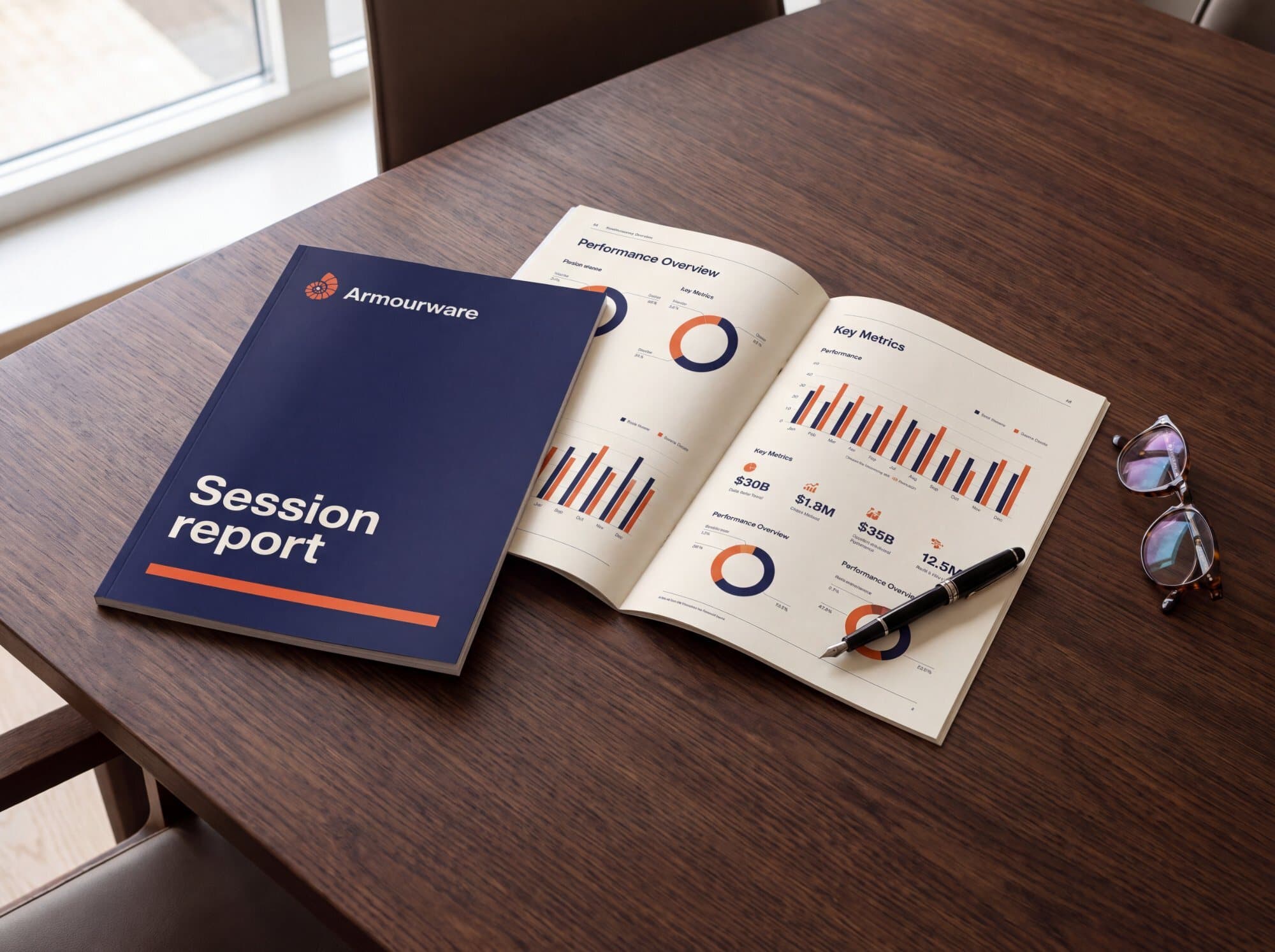 An Armourware session report open on a desk, with charts in navy and orange.
